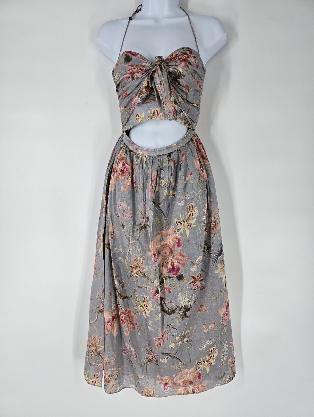 Zimmermann Jasper Tie Neck Halter Cutout Floral Midi Dress Size 3 Large